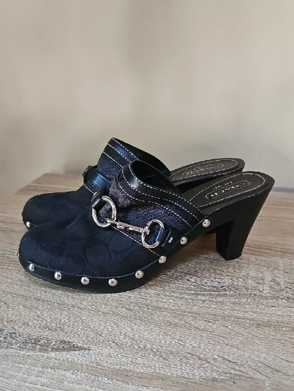 Coach Sutton Black Signature Logo Clog Mules with Silver Hardware